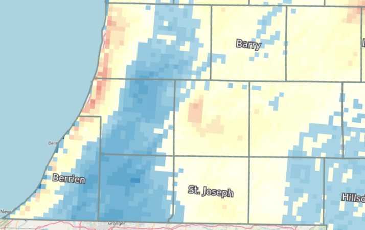 A closeup map of southwest Michigan showing GDD accumulations.